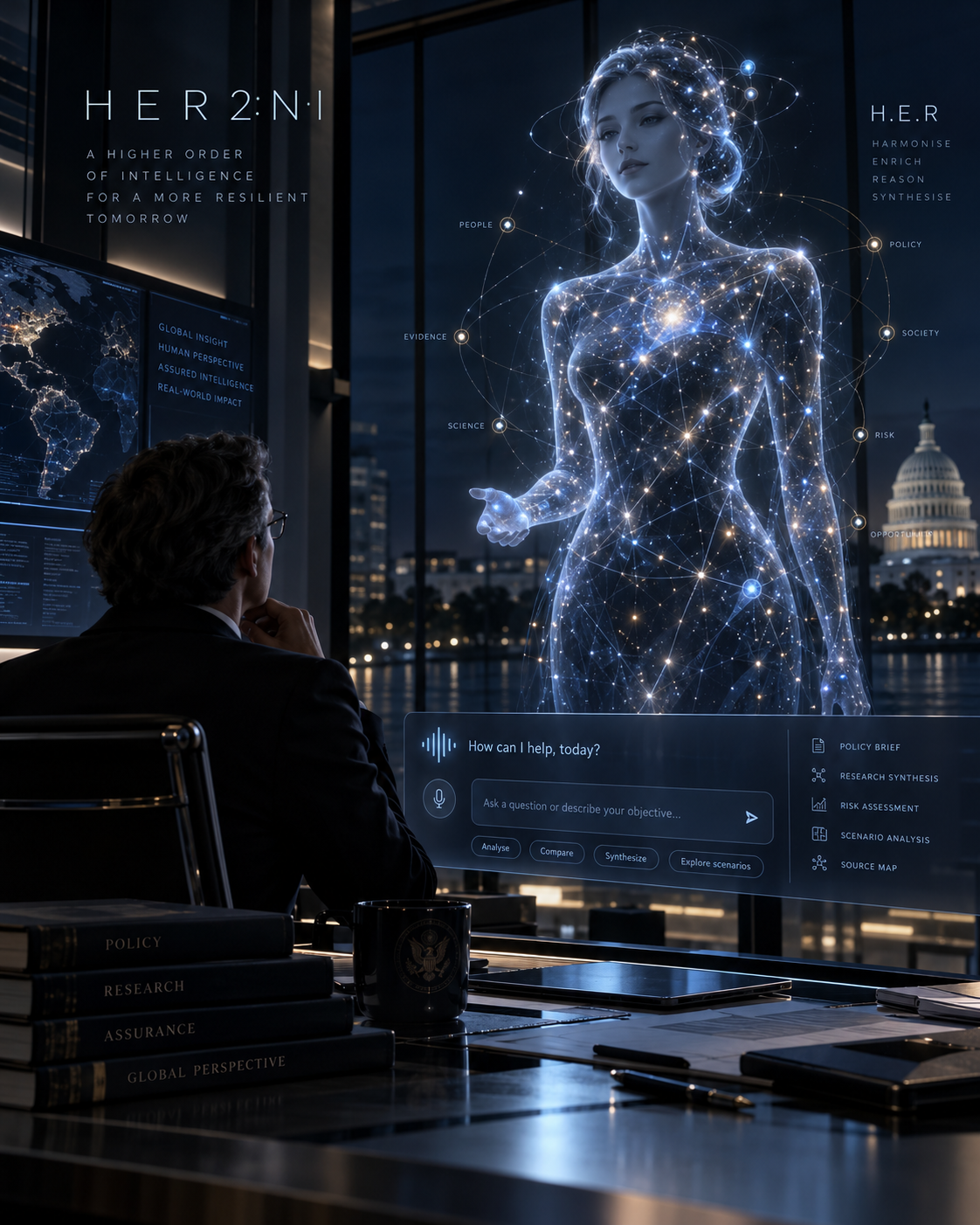 Concept illustration of H.E.R as a holographic constellation interface for future government interactions